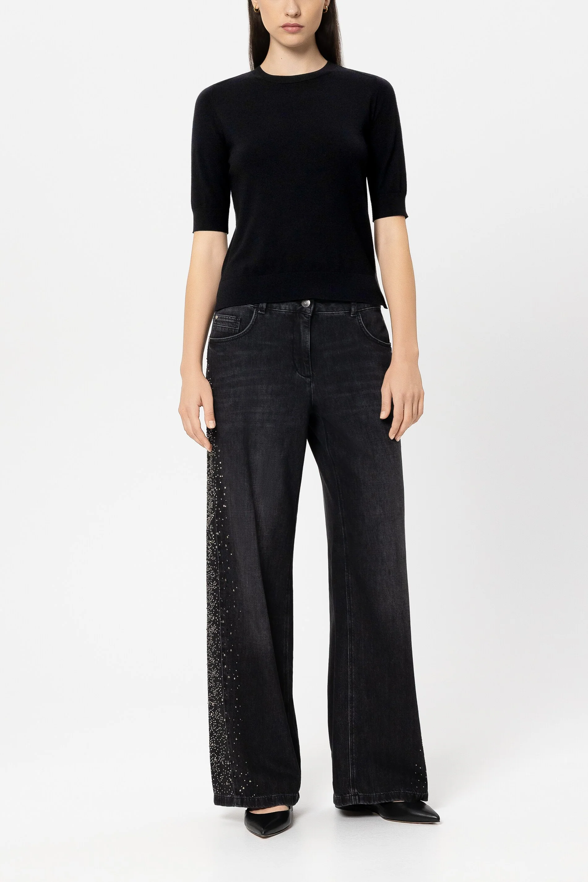Halbarm-Feinstrick-Pullover - pure black - Standard