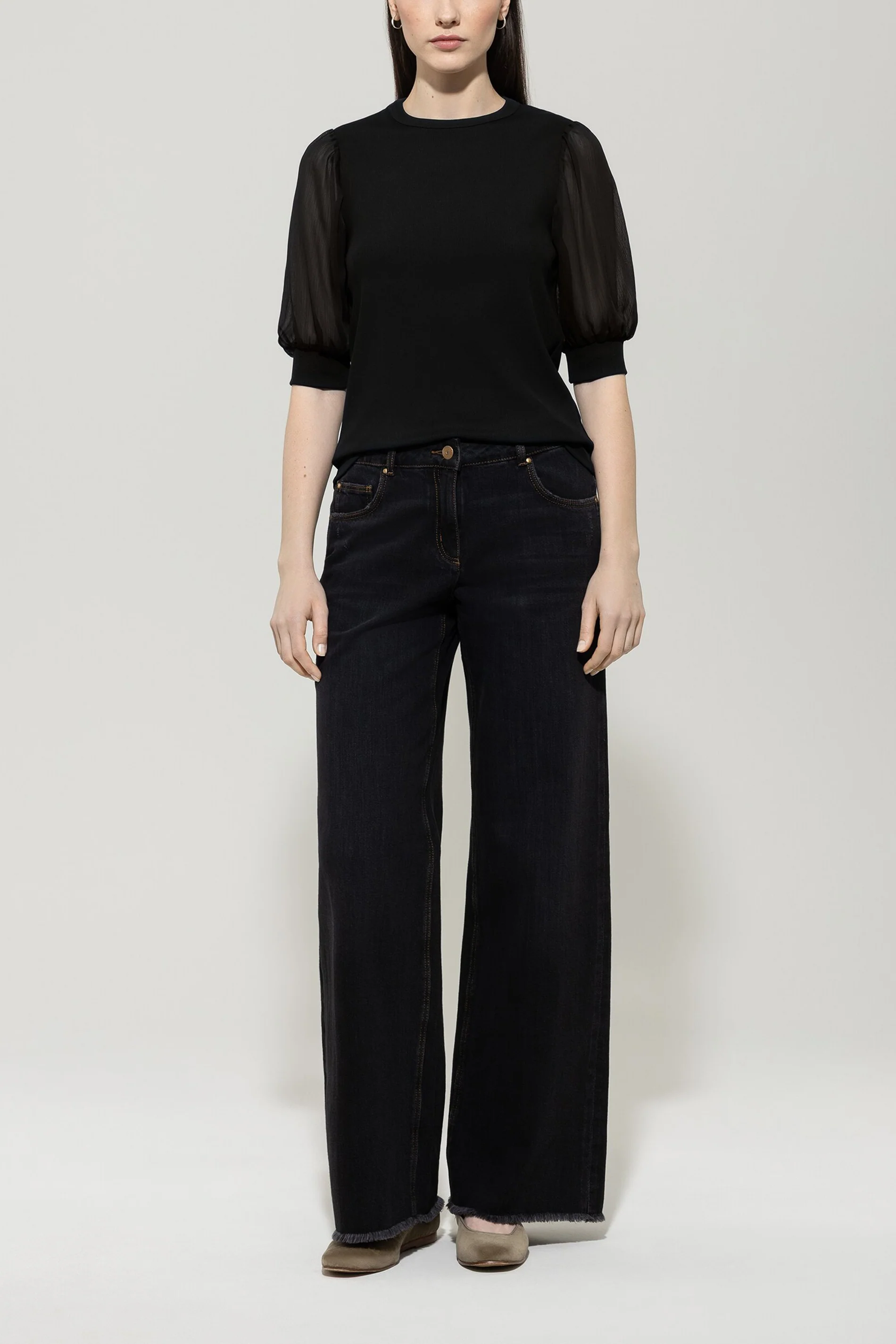 Rippshirt mit Crêpe-Ärmeln - deep black - Standard