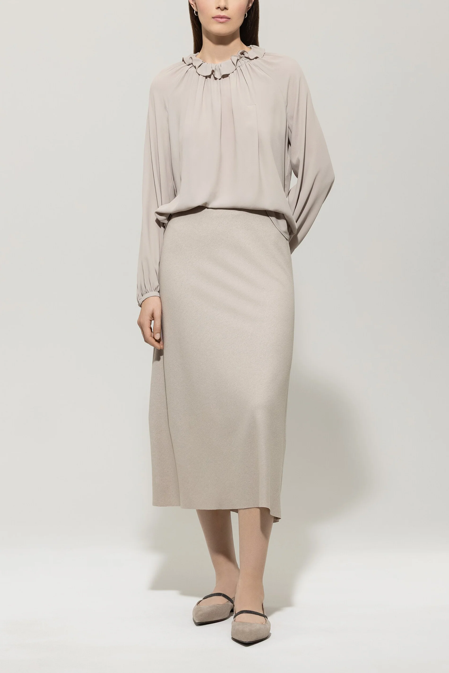 Rüschenbluse aus Seiden-Mix - oyster - Standard