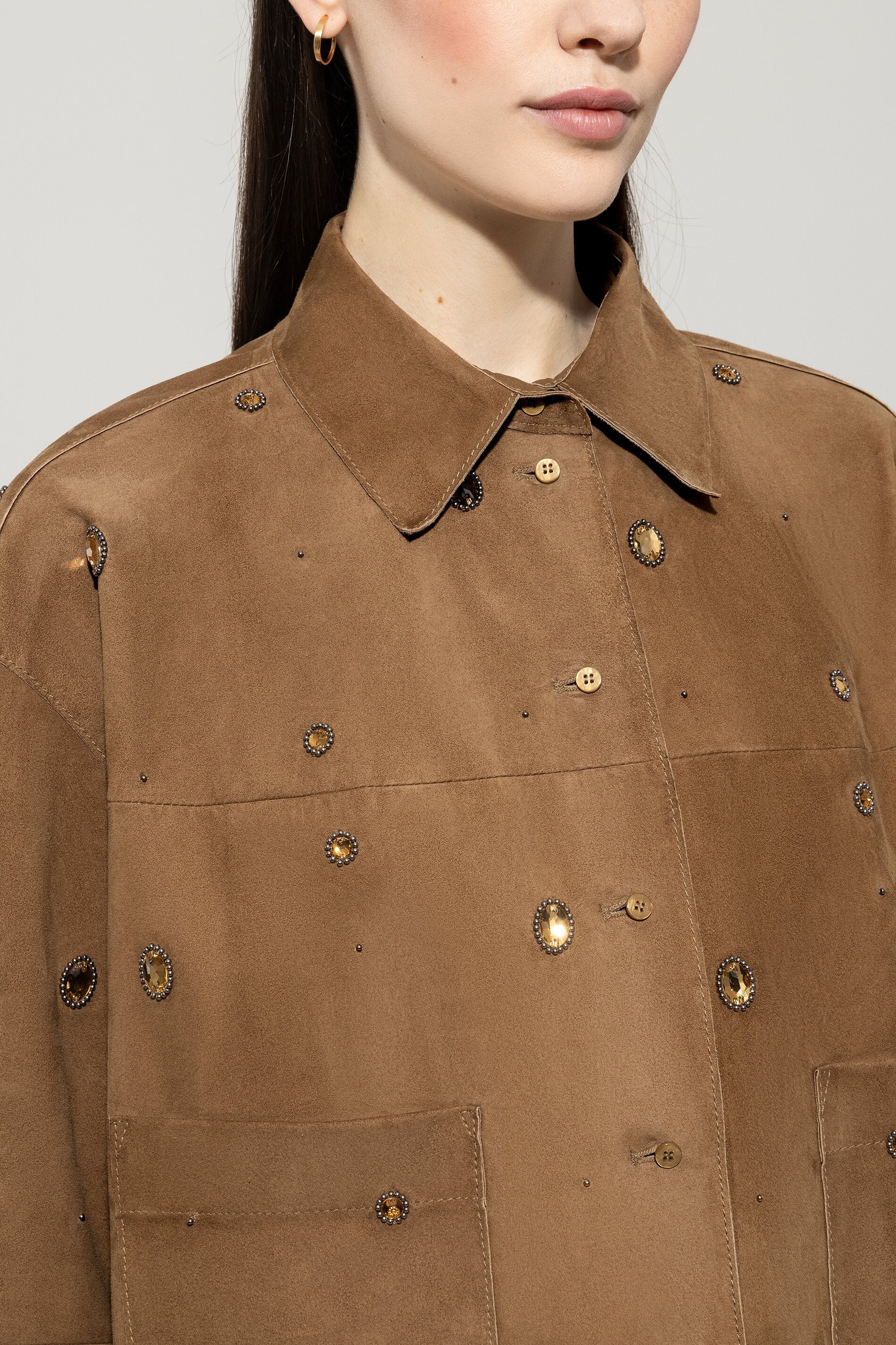 Veloursleder-Hemdjacke - hanf - mit Stickerei / Straß - Image 4